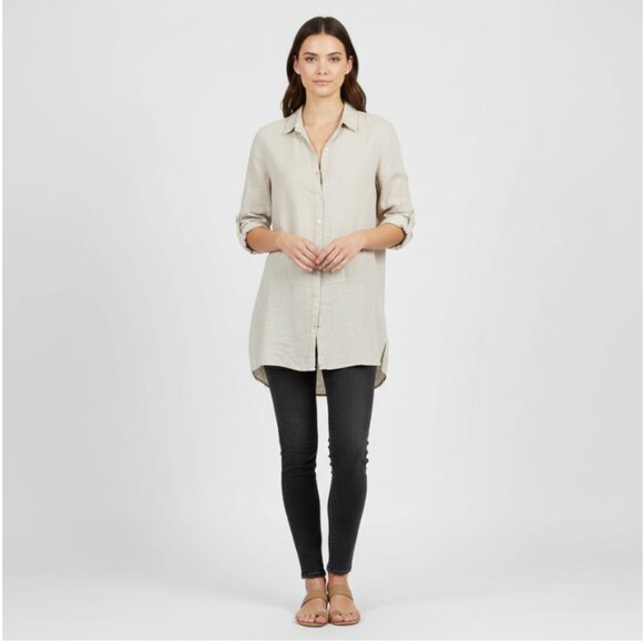Tahari 100% Linen Long Sleeve Button Down Tunic Top Beige Size L Roll Tab Sleeve - Picture 1 of 10